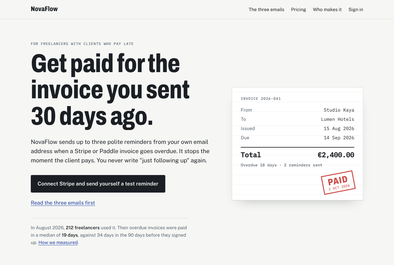 The demo page after: an invoice on the page, plain type, specific prices and named people.