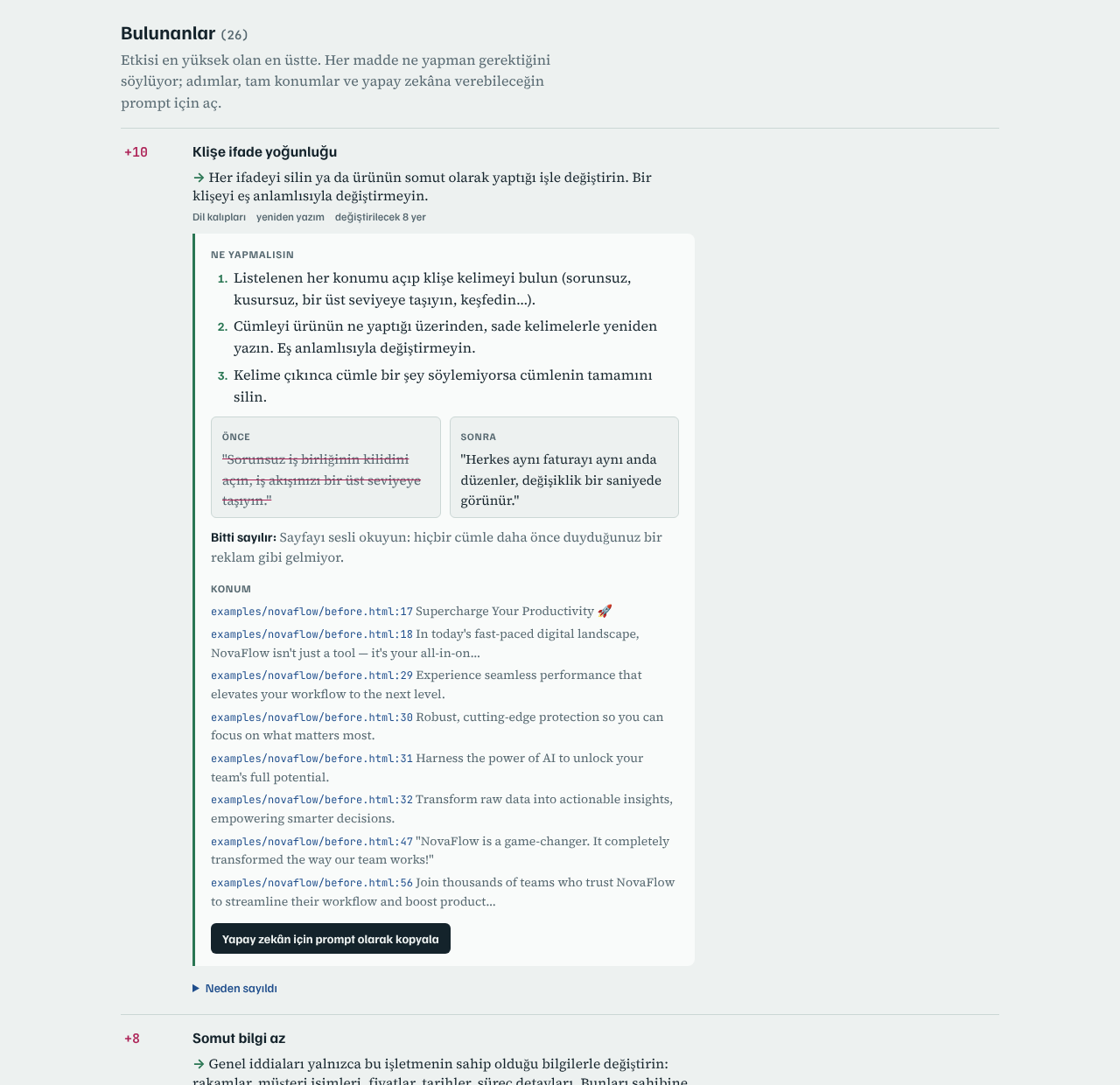 Üç numaralı adım, önce/sonra örneği, dosya ve satır konumları ve kopyalama düğmesiyle bir bulgu.