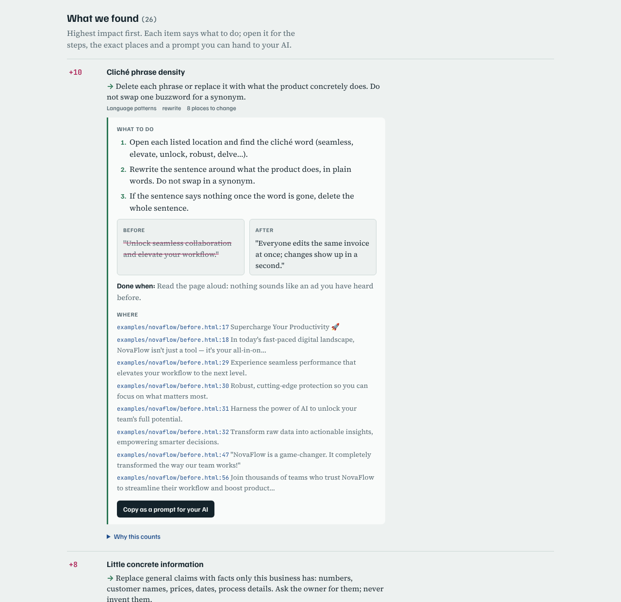 A finding with three numbered steps, a before and after example, file and line locations and a copy button.