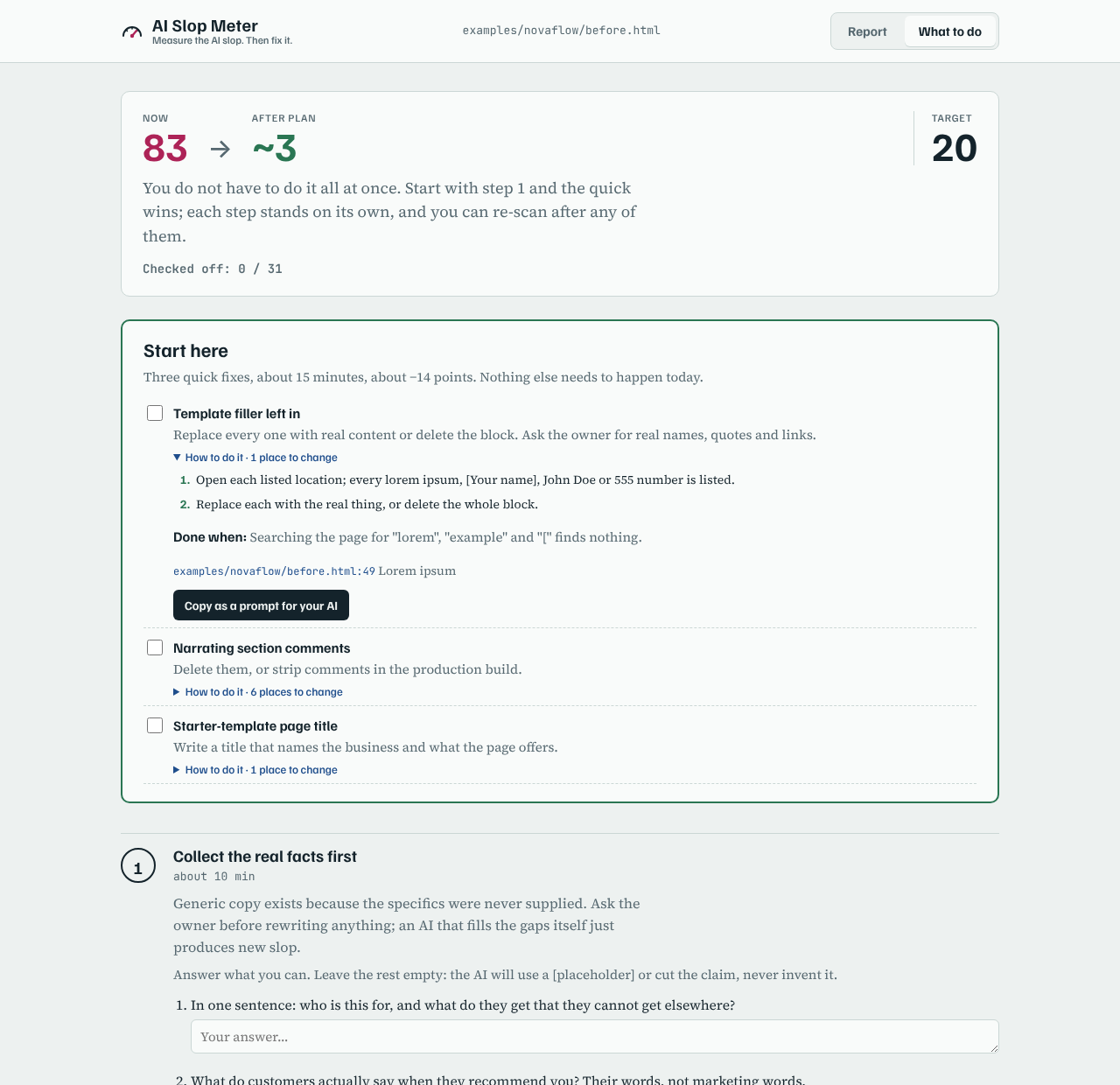What-to-do screen: score now 83, about 3 after the plan, three quick fixes and the owner questions.